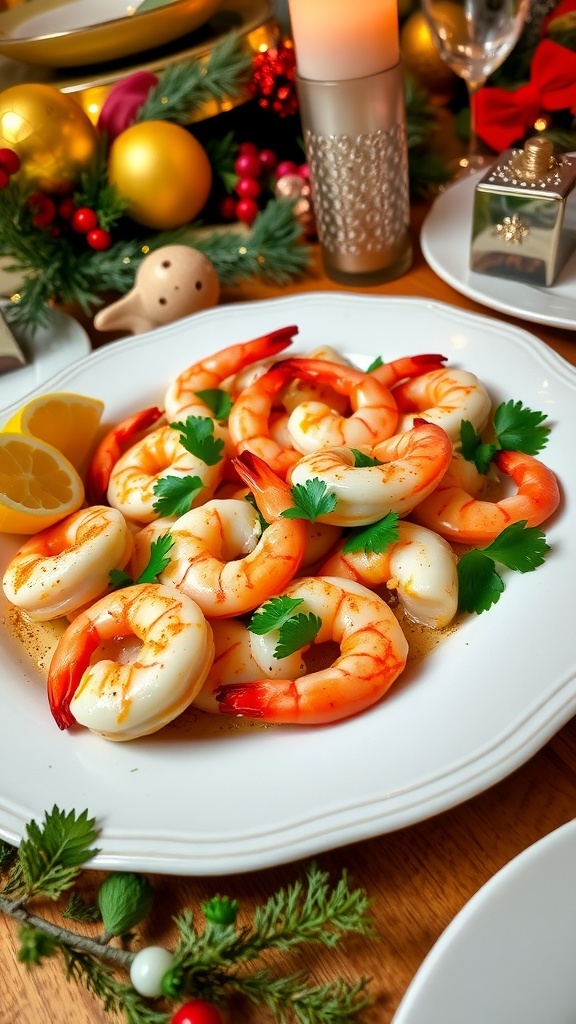 A festive shrimp dish with garlic and spices, garnished with parsley and lemon, on a holiday-themed table.